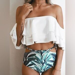 Two Piece High Waist Off Shoulder Ruffle Bikini